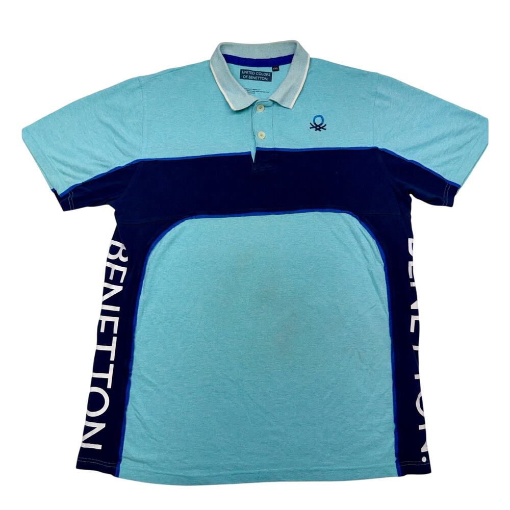 United Colors of Benetton Mens XXL Polo Shirt Blue Colorblock Big Logo Y2K